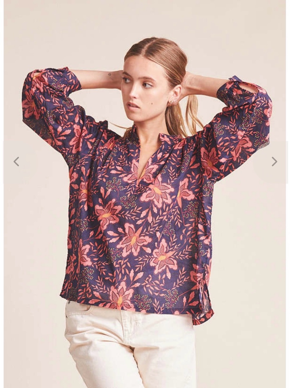 Trovata Birds of Paradis Bailey Geranium Navy Blouse with Pink Floral Print - Picture 2 of 4